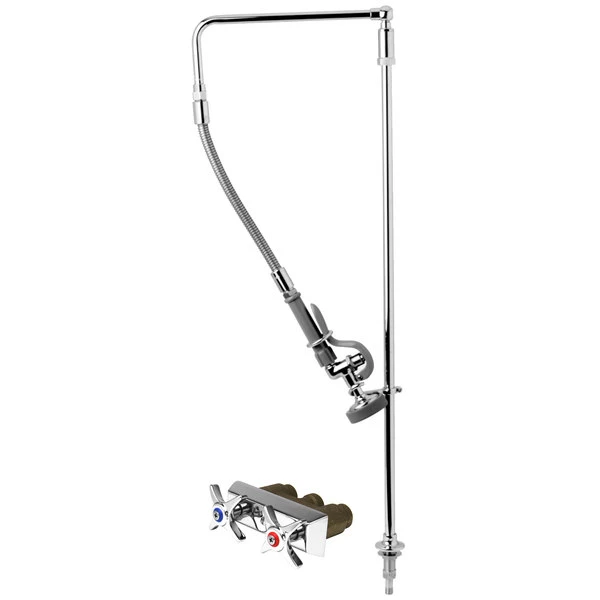 T&S Brass And Bronze Works T&S B-0142 Deck Mounted 41 7/8" High Pre-Rinse Faucet With Concealed Base, 4-Arm Handles, Swivel Arm, And 26" Hose