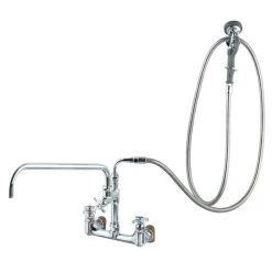 T&S Brass And Bronze Works T&S B-0284 Wall Mounted Pre-Rinse Faucet With Adjustable 8" Centers, Angled Spray Valve, 4-Arm Handles, 104" Hose, 12" Add-On Faucet, 90 Degree Swivel Adapter, And Installation Kit