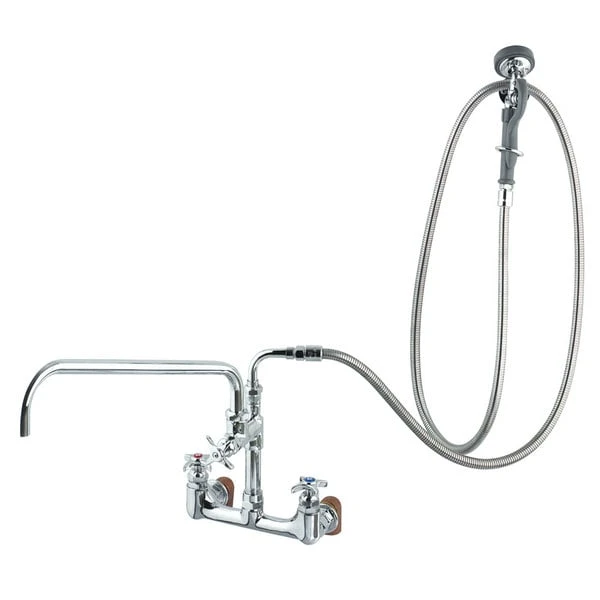 T&S Brass And Bronze Works T&S B-0284 Wall Mounted Pre-Rinse Faucet With Adjustable 8" Centers, Angled Spray Valve, 4-Arm Handles, 104" Hose, 12" Add-On Faucet, 90 Degree Swivel Adapter, And Installation Kit