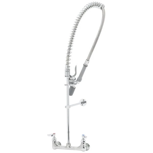 T&S Brass And Bronze Works T&S B-2455-C Wall Mounted 34" High Pre-Rinse Faucet With Adjustable 8" Centers, Low Flow Spray Valve, 44" Hose, 12" Wall Bracket, And Installation Kit