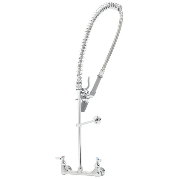 T&S Brass And Bronze Works T&S B-2455-CR-C Wall Mounted 33 1/4" High Pre-Rinse Faucet With Adjustable 8" Centers, Low Flow Spray Valve, 44" Hose, 12" Wall Bracket, And Installation Kit