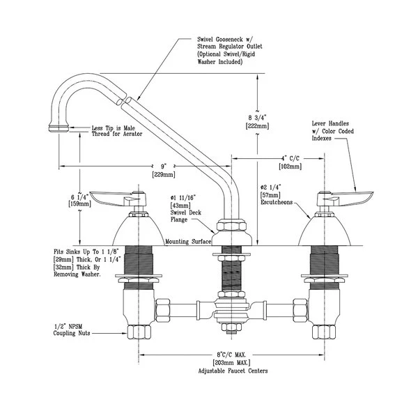 T&S Brass And Bronze Works T&S B-0855 Deck Mount Mixing Faucet With 8" Adjustable Centers, 8 3/4" Swing Nozzle, And Escutcheons - Image 2