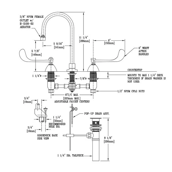 T&S Brass And Bronze Works T&S B-0869 Deck Mount Mixing Faucet With 8" Adjustable Centers, 5 9/16" Gooseneck, 6" Wrist Action Handles, And Pop Up Drain Assembly - Image 2