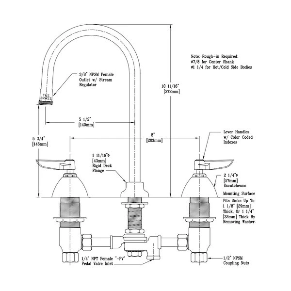 T&S Brass And Bronze Works T&S B-0850-PV Deck Mount Mixing Faucet With 8" Centers, 5 1/2" Gooseneck, Escutcheons, And Pedal Valve Connection - Image 2