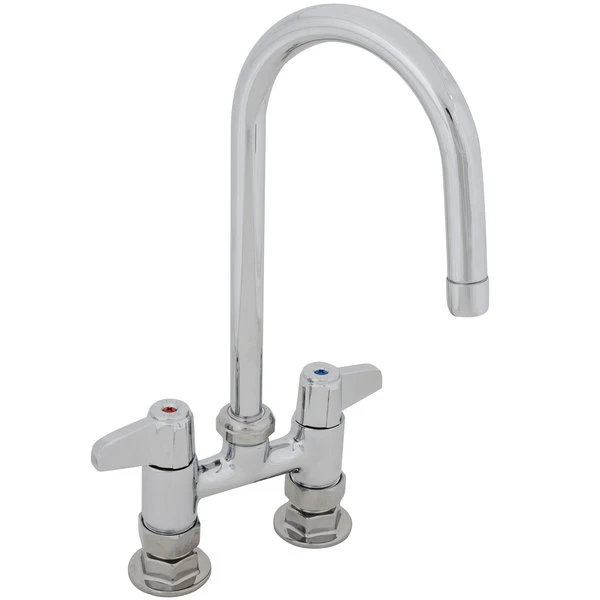 T&S Brass And Bronze Works Equip By T&S 5F-4DLX05 Deck Mounted Faucet With 5 9/16" Gooseneck Spout, 4" Centers, Laminar Flow Device, And Lever Handles