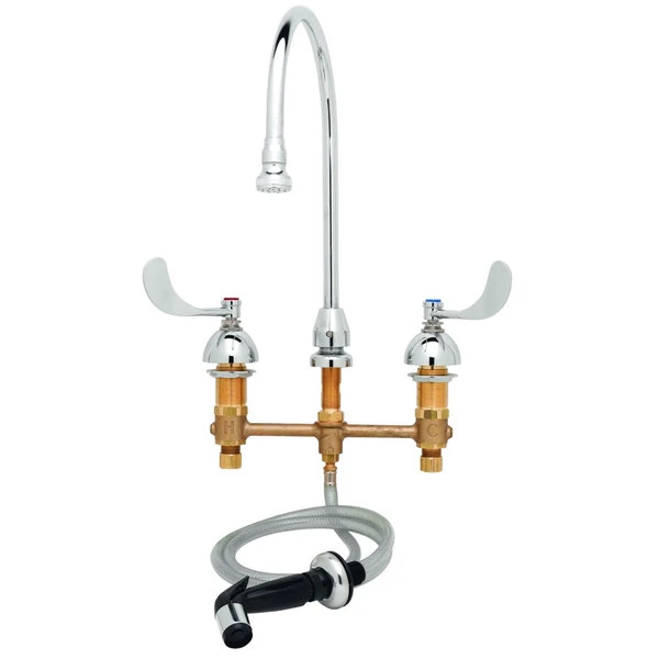 T&S Brass And Bronze Works T&S B-2347-06 Easy Install Deck Mount Faucet With 8" Centers, 7 7/8" Riser Gooseneck, Aerator, Eterna Cartridges, And Sidespray