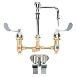 T&S Brass And Bronze Works T&S B-0850-01-PV Deck Mount Widespread Mixing Faucet With 8" Adjustable Centers, Serrated Nozzle, 4" Wrist Action Handles, And Double Valve Pedal